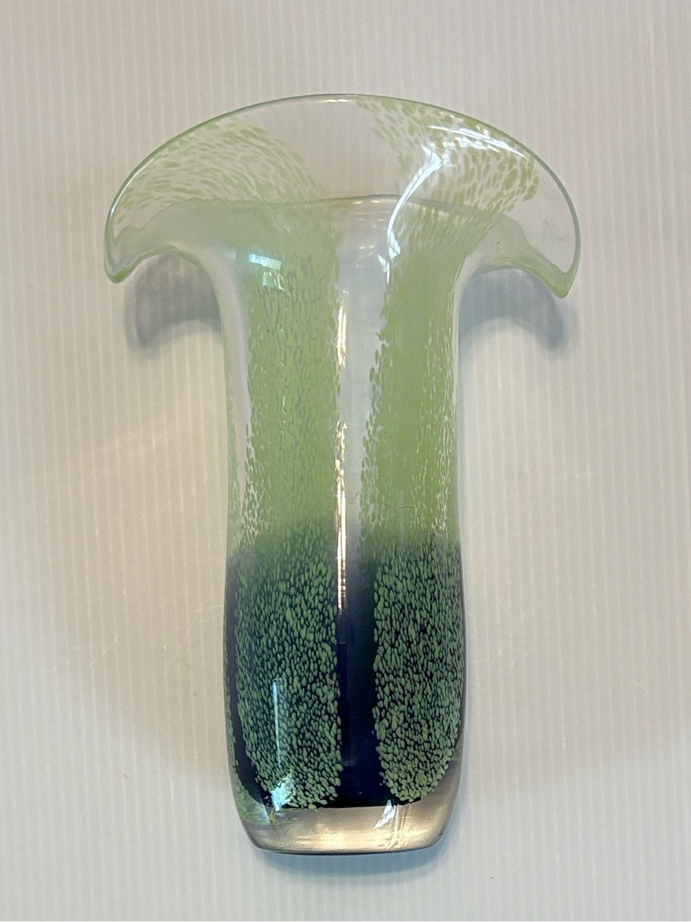 Vintage Hand Blown Teleflora Glass Vase Speckled Green Blue Curved Edge